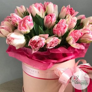 Розовые пионовидные тюльпаны в шляпной коробке на 8 марта