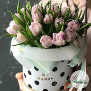 25 пионовидных тюльпана в шляпной коробке