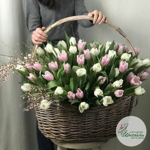 Большая корзина тюльпанов на 8 марта