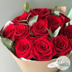 11 красных роз с эвкалиптом