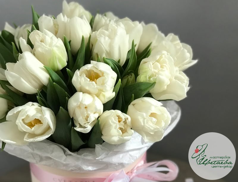 Белые пионовидные тюльпаны в шляпной коробке