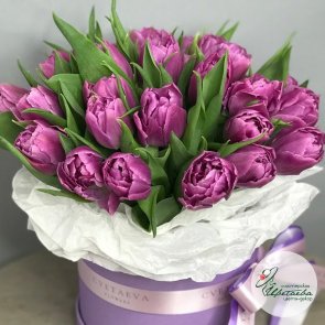 Шляпная коробка из фиолетовых пионовидных тюльпанов
