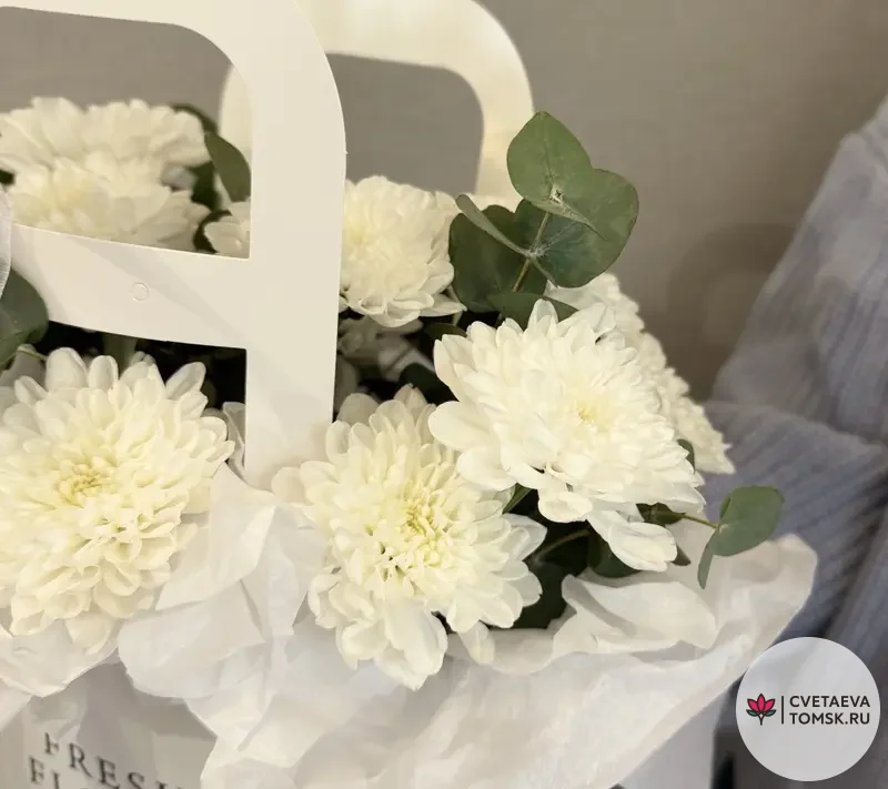 Белая композиция с хризантемами и эвкалиптом Белая композиция с хризантемами и эвкалиптом