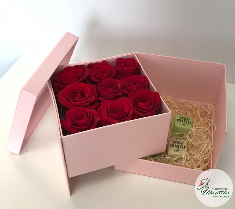Розы в коробке с конфетами